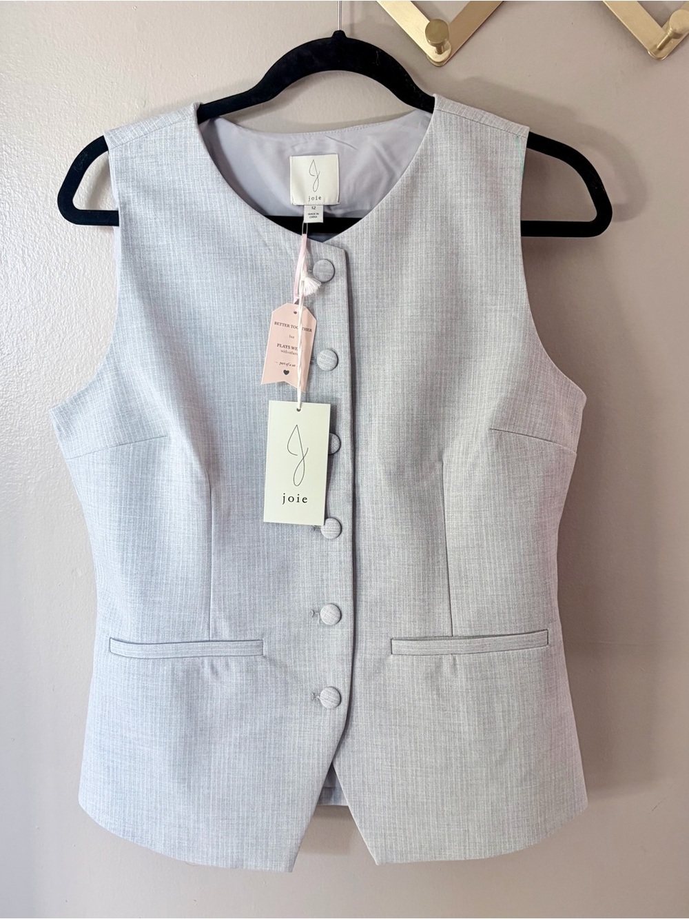 Joie Light Gray Button Front Tailored Vest Size 12 NWT